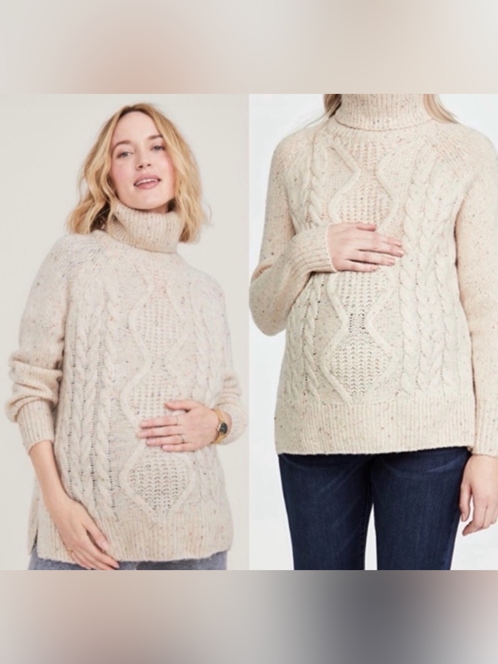 Hatch Brigette Speckled Cable Turtleneck Sweater - Cream 2 medium